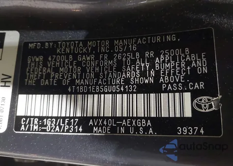 2016 Toyota Avalon Hybrid Xle from USA, damaged, VIN 4T1BD1EB5GU054132